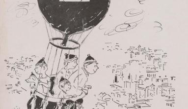 Season's Greetings drawing of family over Los Angeles by Miné Okubo